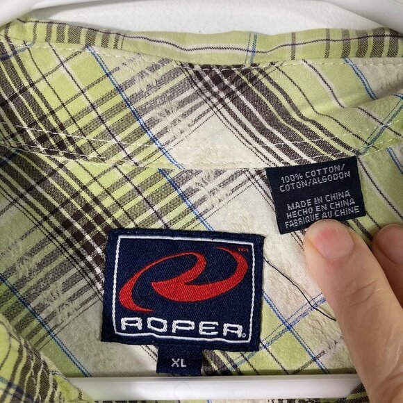 Mens Roper Pearl Snap Western Plaid LS Shirt Green White Black w Embroidery Deta - Picture 7 of 7